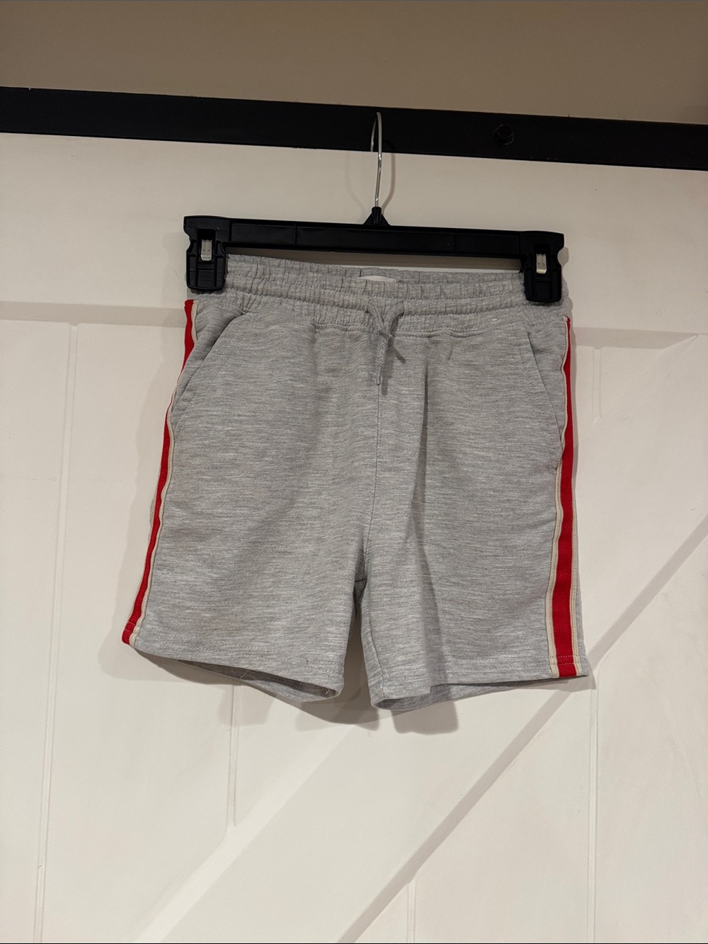 Boys Gray Athletic Shorts with Red Side Stripe